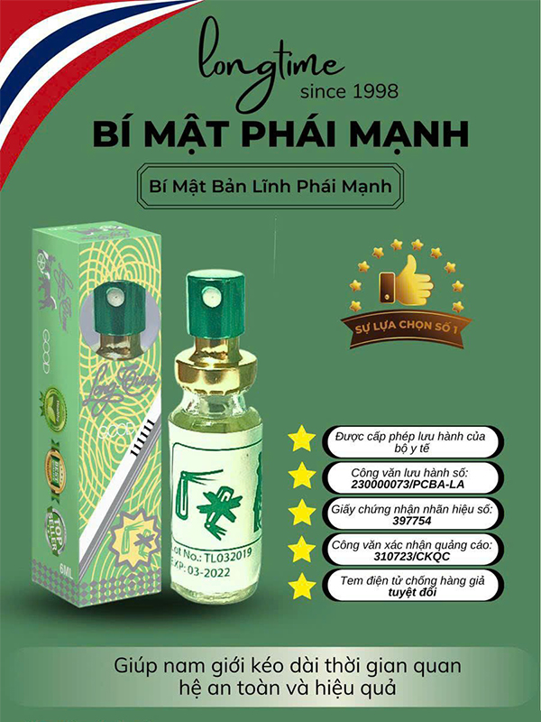 Thuốc xịt Thái Longtime chống xuất tinh sớm kéo dài quan hệ nam giới