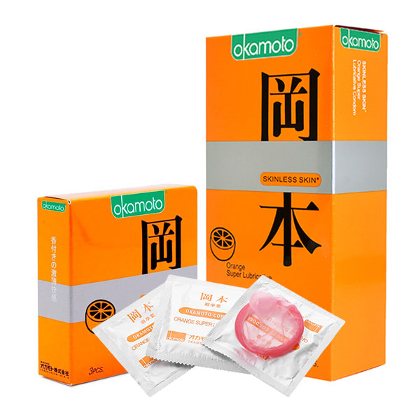 Bao cao su Okamoto Orange hương cam tươi mỏng an toàn 53mm 