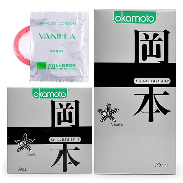 Bao cao su hương vani Okamoto Skinless Skin Vanila hộp 10 cái mềm mại 