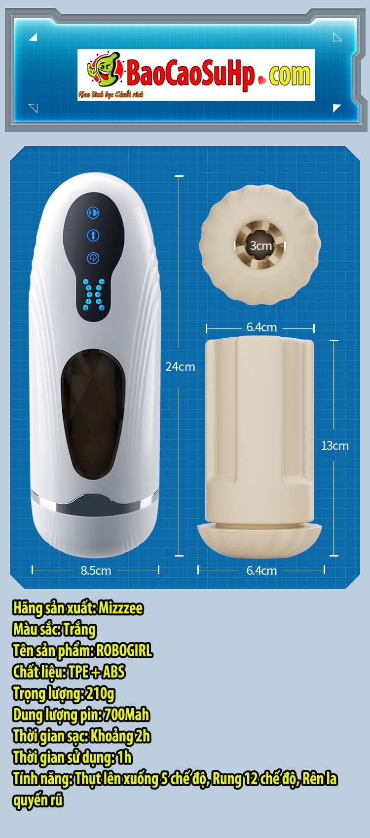 Cốc thủ dâm Mizzzee ROBOGIRL nhỏ gọn thụt lên xuống