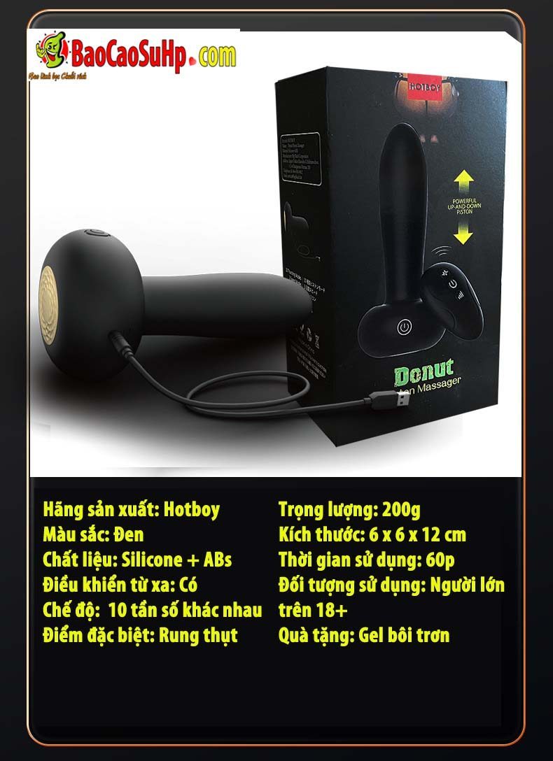 Thụt hậu môn Hotboy Black Donut rung lên xuống silicon mềm mại