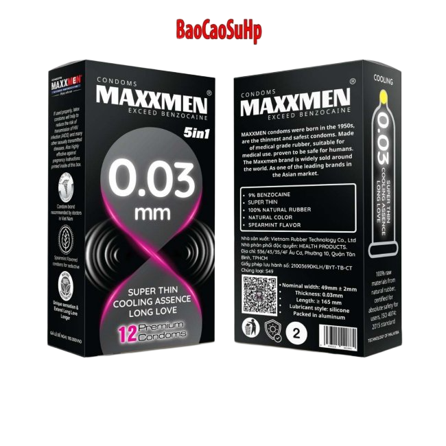 Bao cao su maxman siêu mỏng 0.03mm 5in1 bạc hà thơm mát kéo dài 