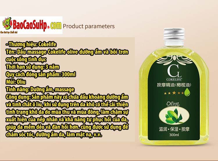 Dầu massage Cokelife olive 300ml dưỡng ẩm mềm mượt mùi thơm