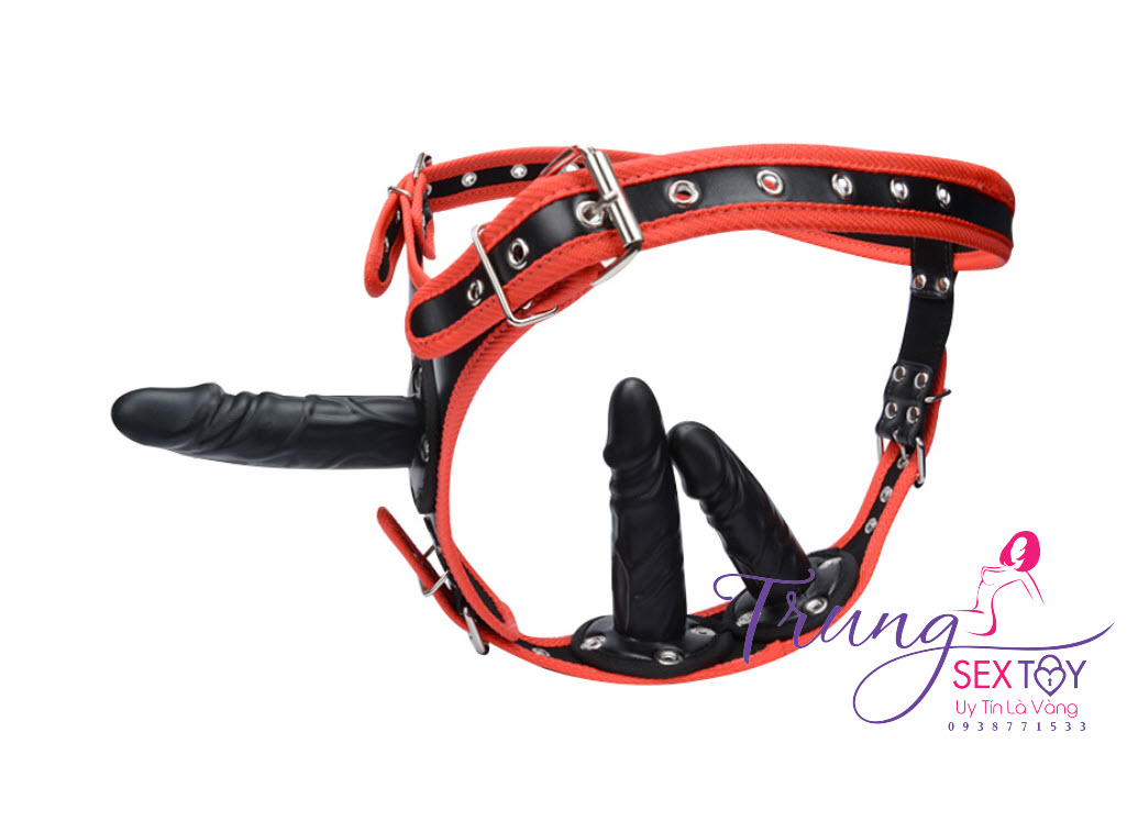 Lesbian Strap-On Triple Dildo Adjustable Leather Harness