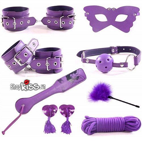 8-Piece Purple BDSM Toy Set Real Leather Metal for Couples