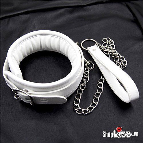 White Leather BDSM Collar Chain Padded Soft Restraint