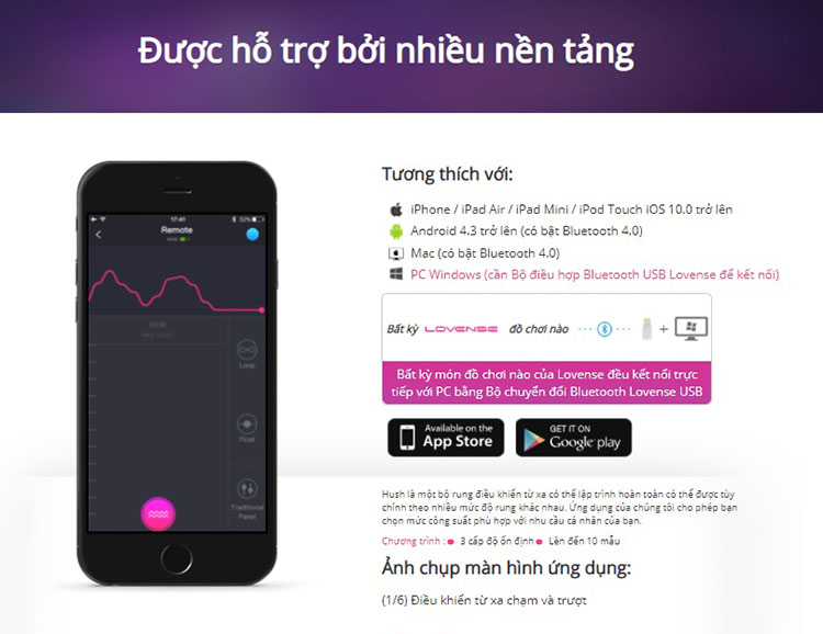 Phích rung hậu môn Lovense Hush điều khiển từ xa app silicone ABS