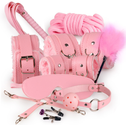 BDSM COOC 10-Piece Furry Soft Leather Bondage Kit Black Pink