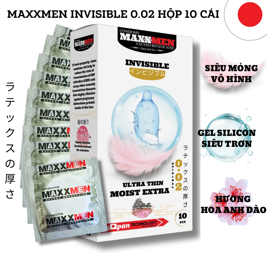  Sỉ Bao cao su size 49mm Maxxmen Invisible 002 công nghệ NHẬT BẢN cực siêu mỏng NHIỀU GEL hương hoa anh tốt nhất