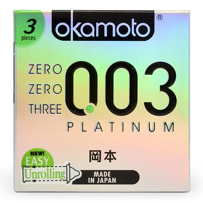 Bao cao su Okamoto 0.03 Platinum siêu mỏng trong suốt hộp 3 cái