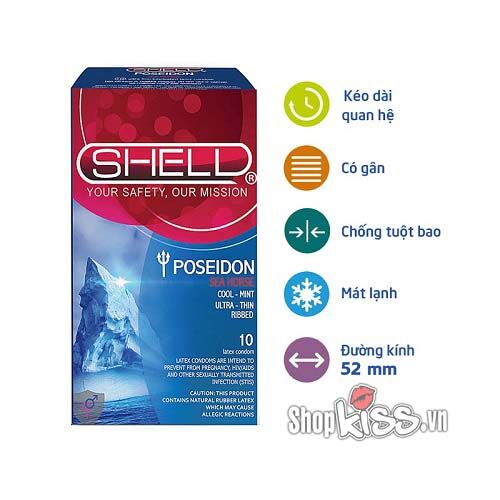 Bao cao su Shell Poseidon gân sọc bạc hà mát lạnh, siêu mỏng kéo dài