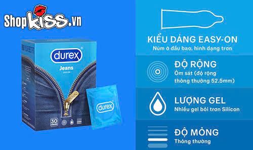Bao cao su Durex Jeans hộp 3 cái, an toàn, mềm mại, không màu