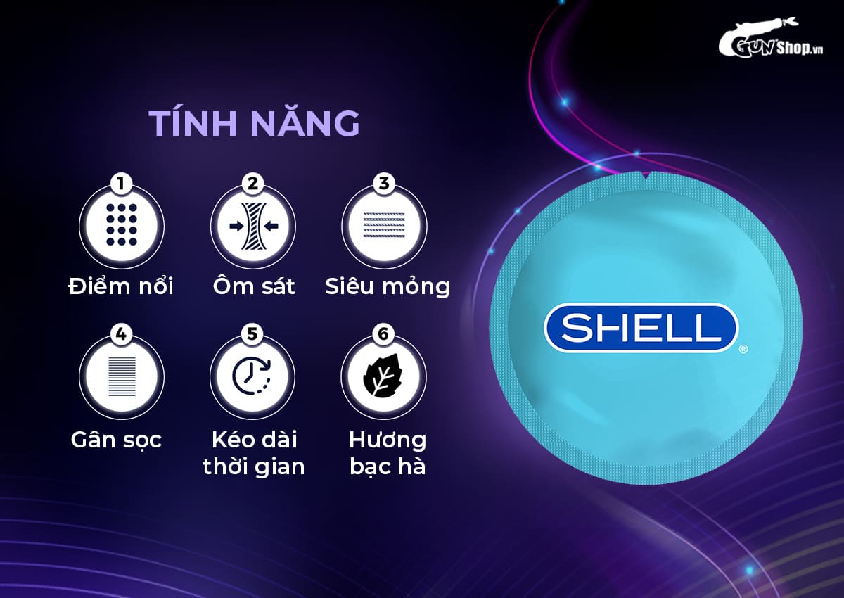 Bao cao su Shell Play Jelly 6 tính năng, hộp 10 cái tặng vòng kéo dài