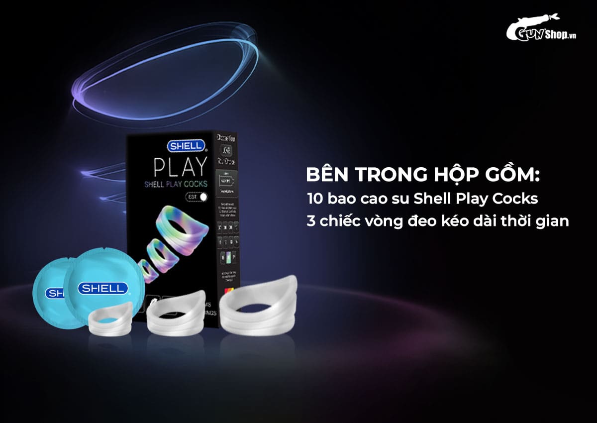 Bao cao su Shell Play Cocks 6 tính năng mỏng kéo dài hương dâu 10 cái
