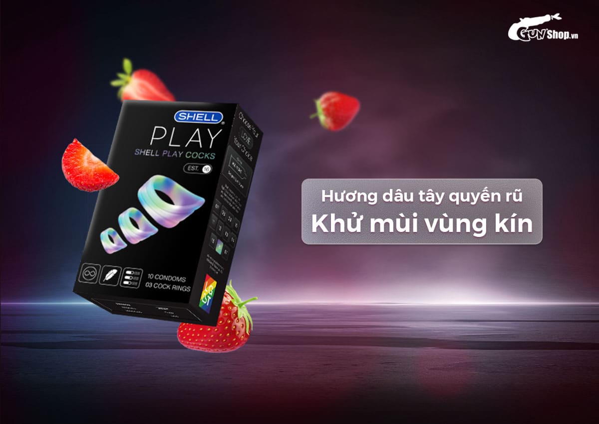 Bao cao su Shell Play Cocks 6 tính năng mỏng kéo dài hương dâu 10 cái