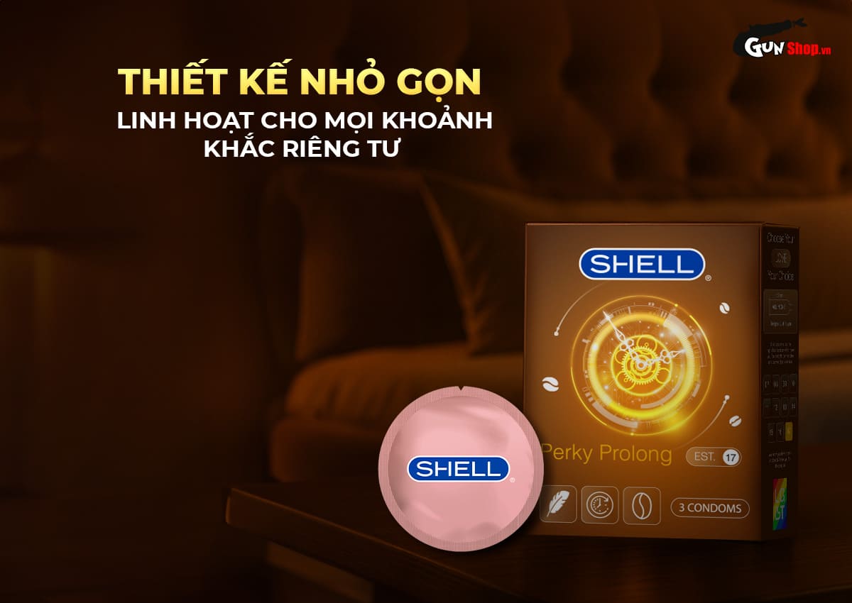 Bao cao su Shell Perky Prolong siêu mỏng kéo dài hương cà phê hộp 3 cái