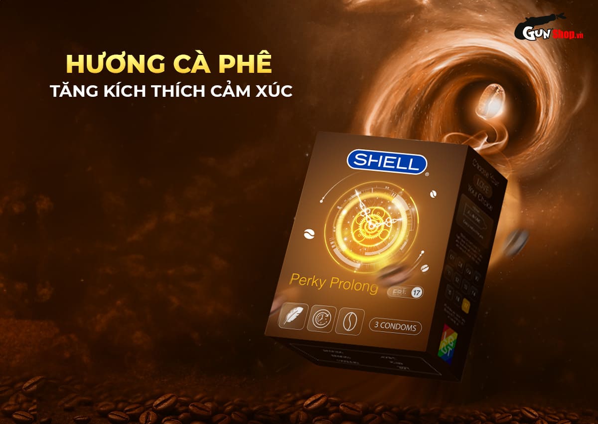 Bao cao su Shell Perky Prolong siêu mỏng kéo dài hương cà phê hộp 3 cái