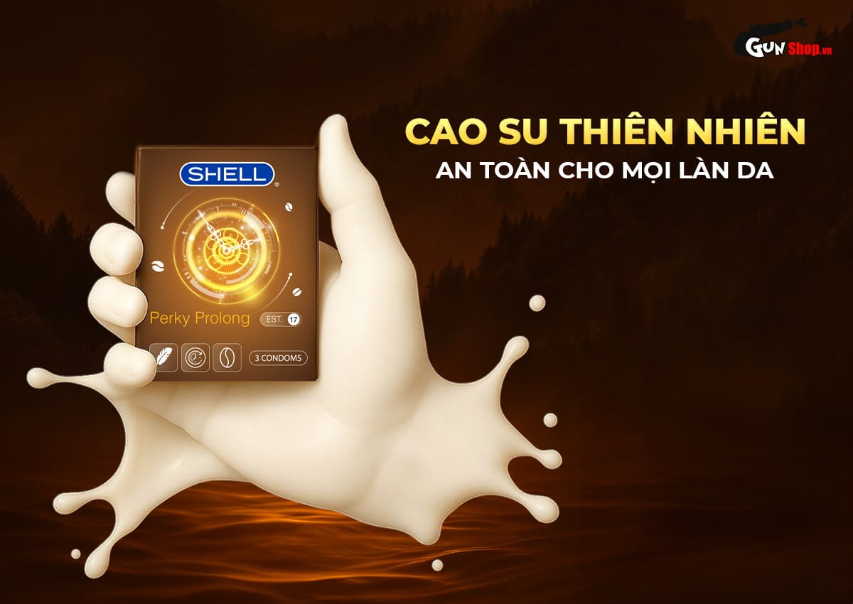 Bao cao su Shell Perky Prolong siêu mỏng kéo dài hương cà phê hộp 3 cái
