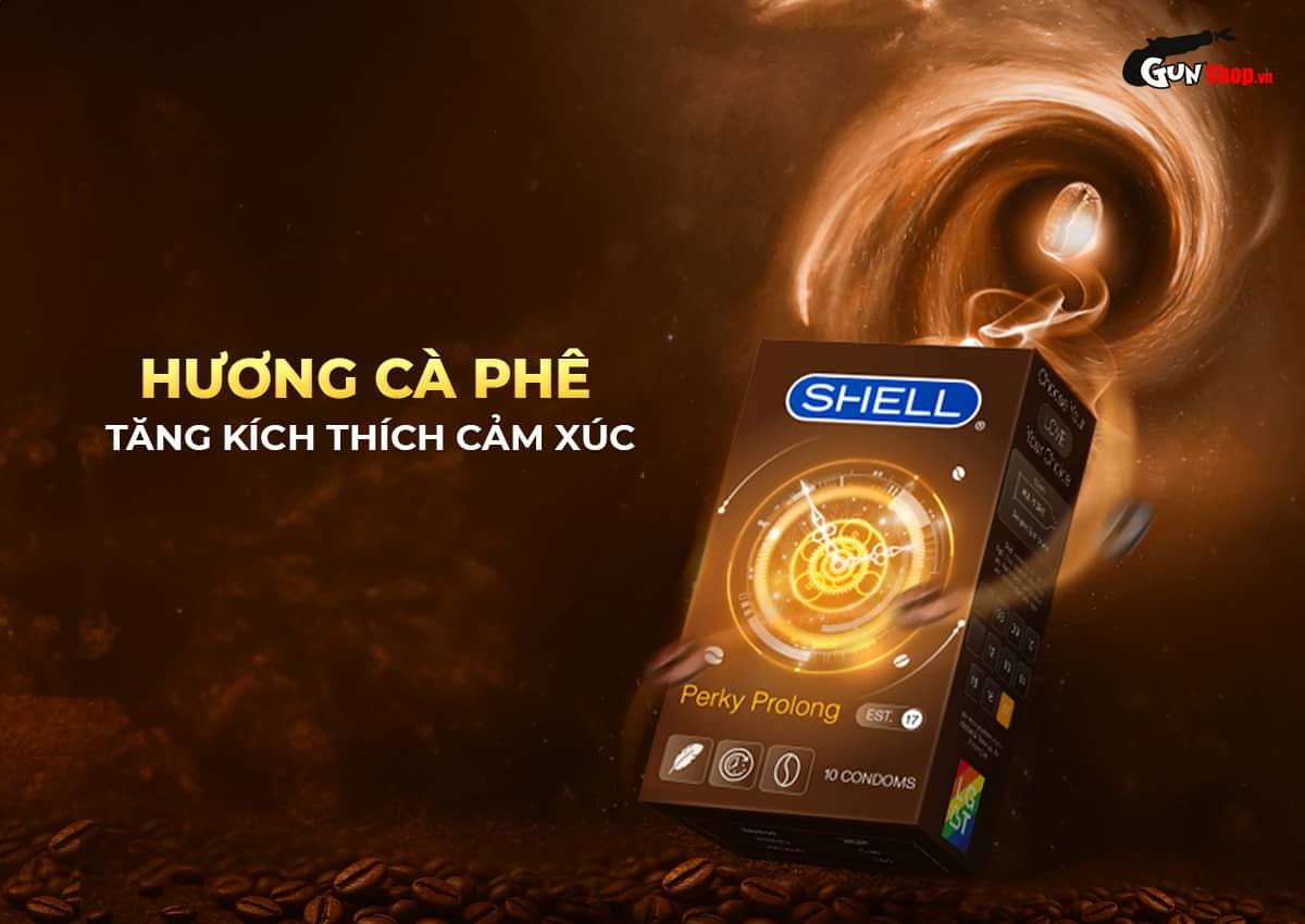 Bao cao su Shell Perky Prolong siêu mỏng kéo dài hương cà phê 10 cái