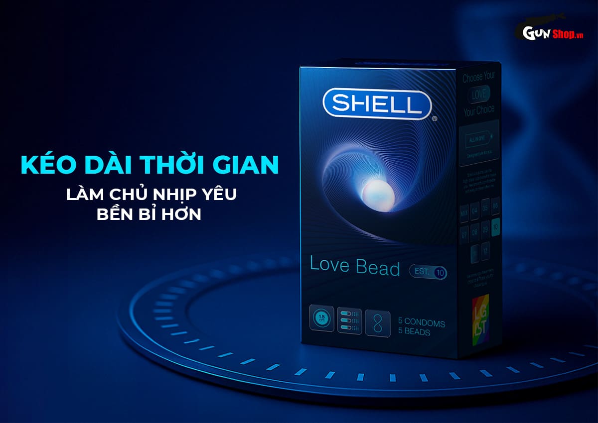 Bao cao su Shell Love Bead gân nổi bi silicon 1.5cm kéo dài thời gian hộp 5 cái