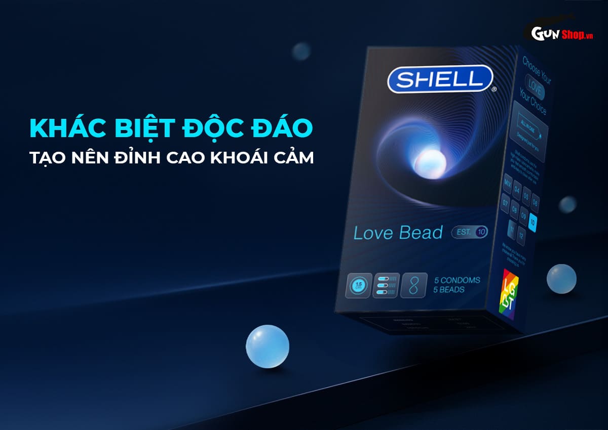 Bao cao su Shell Love Bead gân nổi bi silicon 1.5cm kéo dài thời gian hộp 5 cái
