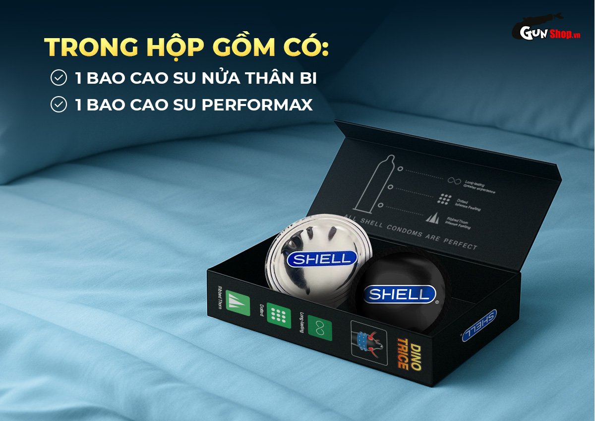 Đại lý Bao cao su Shell Dino Trice - Hộp 1 bao gai 2 vòng bi + 1 bao Shell Performax có tốt không? Đại lý Bao cao su Shell Dino Trice - Hộp 1 bao gai 2 vòng bi + 1 bao Shell Performax có tốt không?