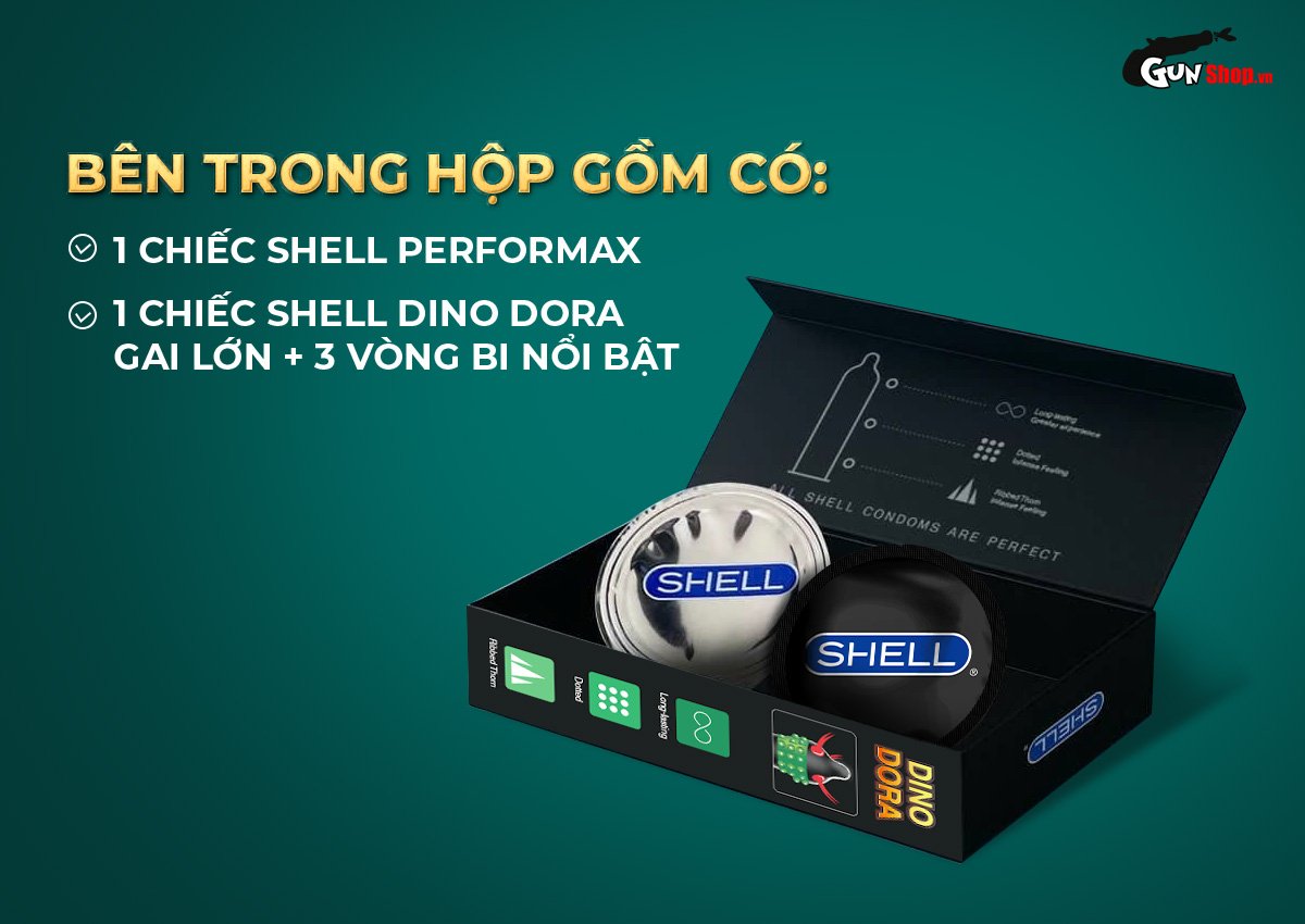 Bao cao su gai Shell Dino Dora Hộp 2 cái an toàn thoải mái