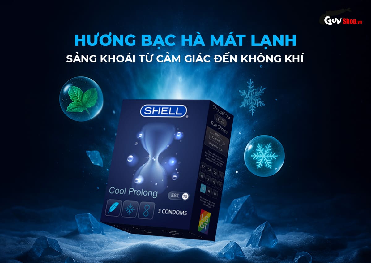 Địa chỉ bán Bao cao su Shell Cool Prolong - Siêu mỏng kéo dài thời gian bạc hà mát lạnh - Hộp 3 chính hãng