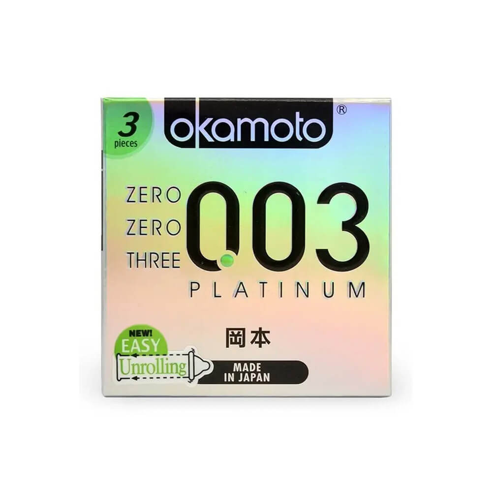 Bao cao su Okamoto 0.03 Platinum siêu mỏng không mùi 3 cái hộp 