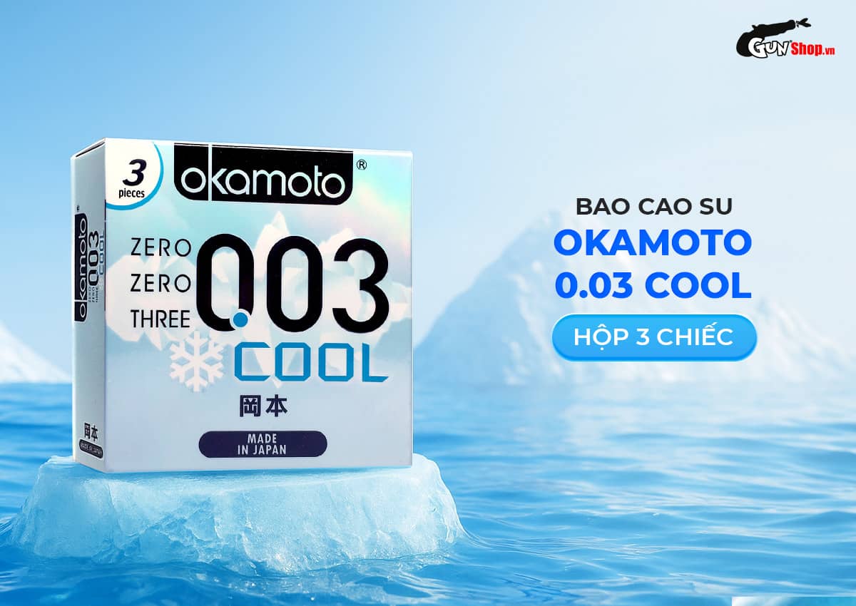 Bao cao su Okamoto 0.03 Cool siêu mỏng mát lạnh bạc hà hộp 3 cái