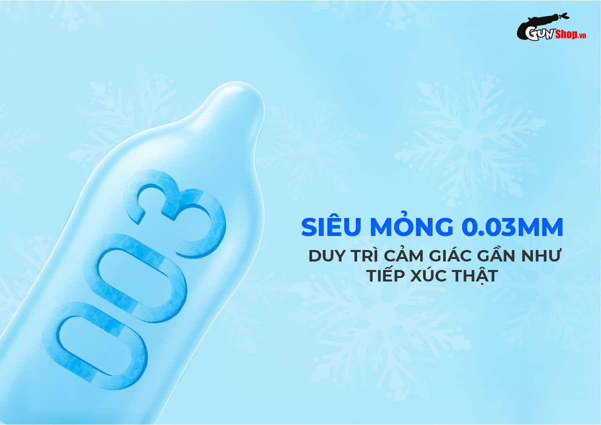 Bao cao su Okamoto 0.03 Cool siêu mỏng mát lạnh bạc hà hộp 3 cái