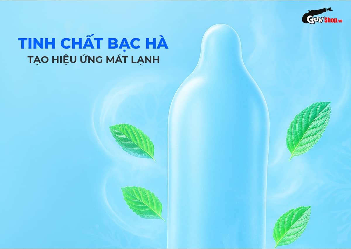 Bao cao su Okamoto 0.03 Cool siêu mỏng mát lạnh bạc hà hộp 3 cái