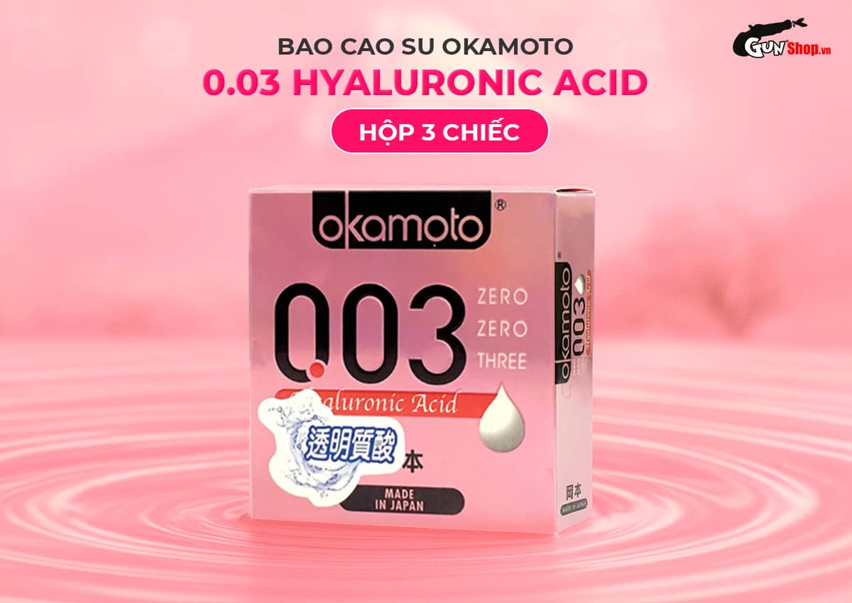 Bao cao su Okamoto 0.03 Hyaluronic Acid siêu mỏng dưỡng ẩm hộp 3