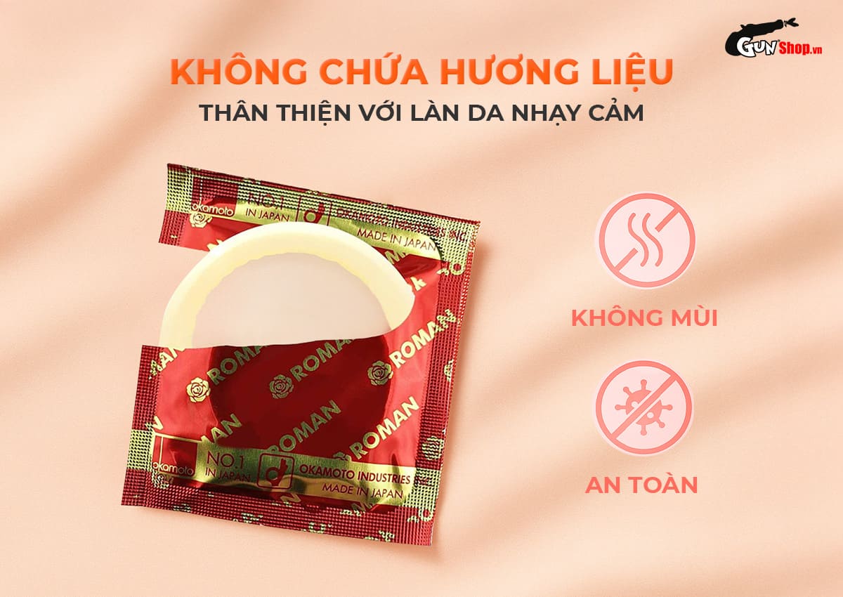 Bao cao su Okamoto Roman vân hoa hồng, siêu mỏng, hộp 10 cái