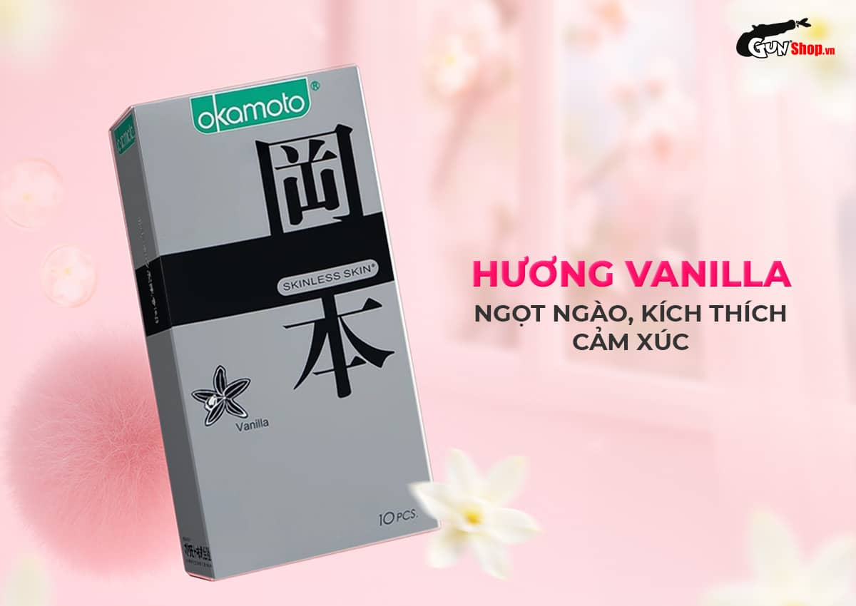 Okamoto Skinless Skin Vanilla siêu mỏng hương vani ngọt ngào hộp 10 cái