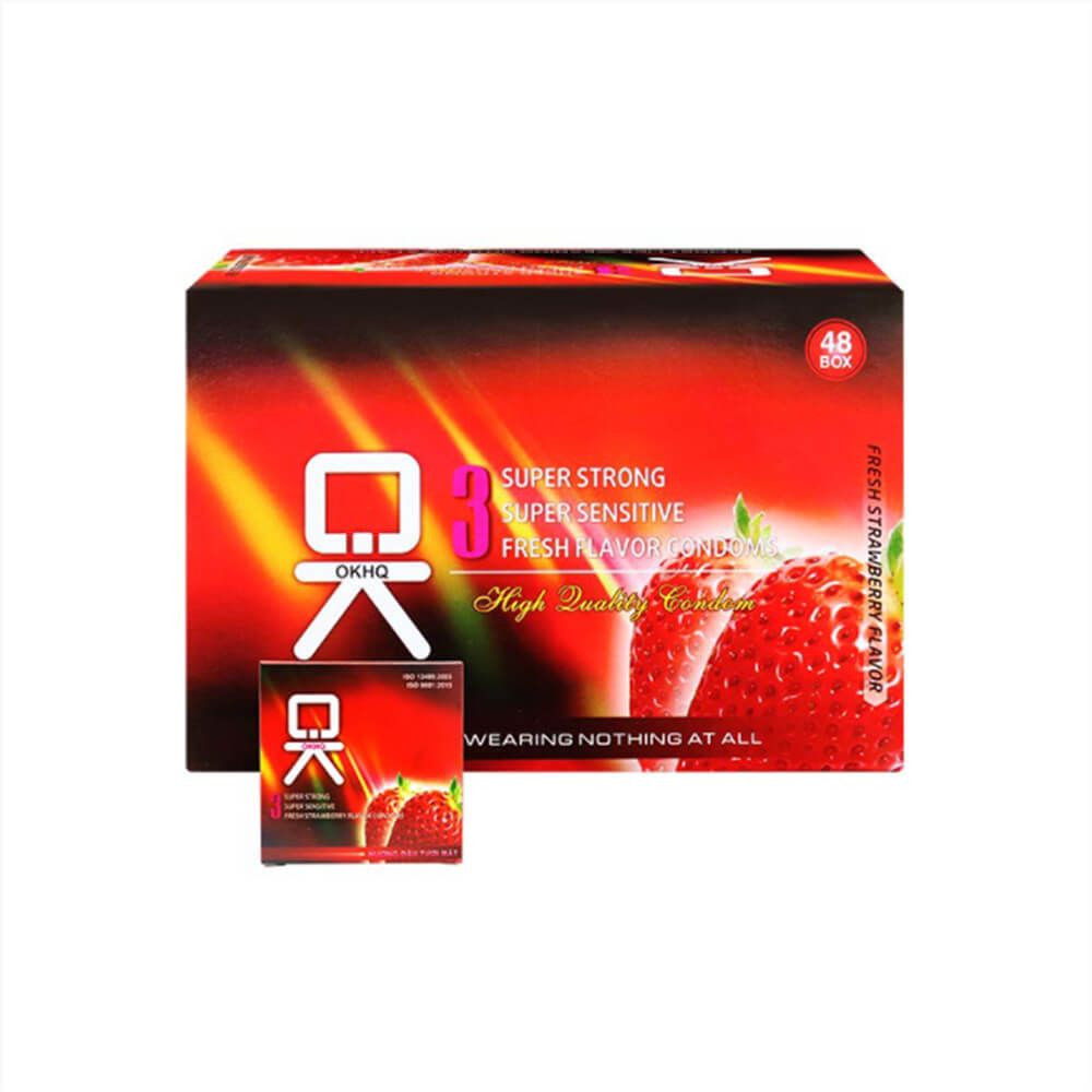 Bao Cao Su OKHQ Hương Dâu Hộp 144 Cái Mùi Thơm Dịu Ngọt 