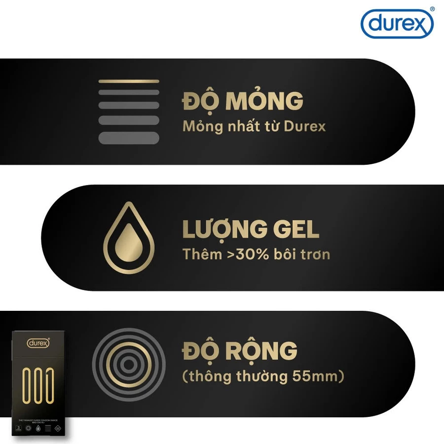 Bao cao su Durex 001 siêu mỏng hộp 3 cái hiệu quả an toàn