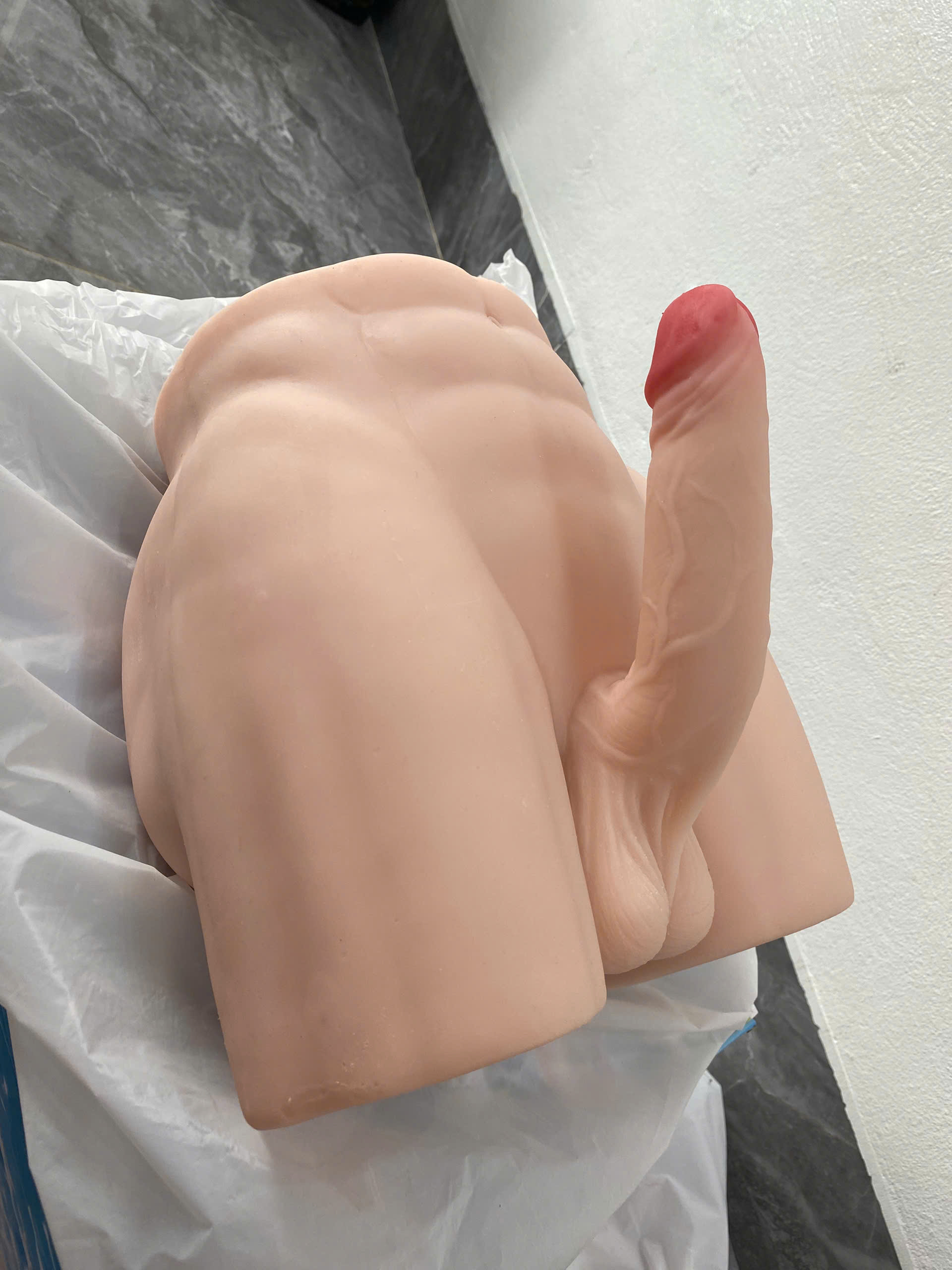 Male Butt with Flexible Silicone Soft Curved Dildo Realistic Toy