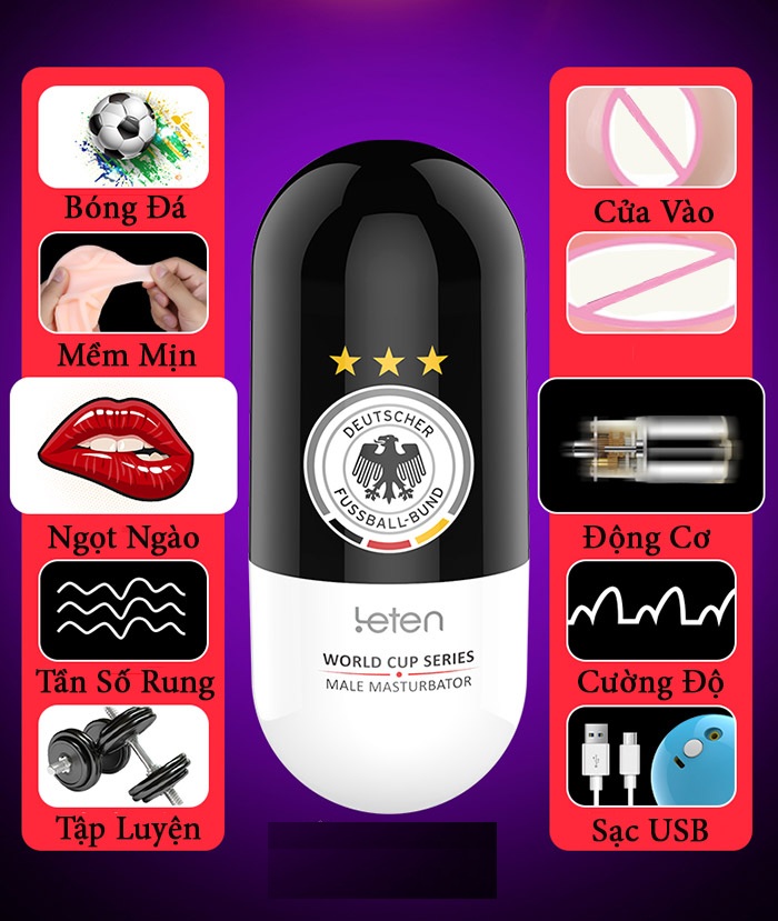 Cốc thủ dâm Leten Football rung mạnh sạc điện tiện lợi