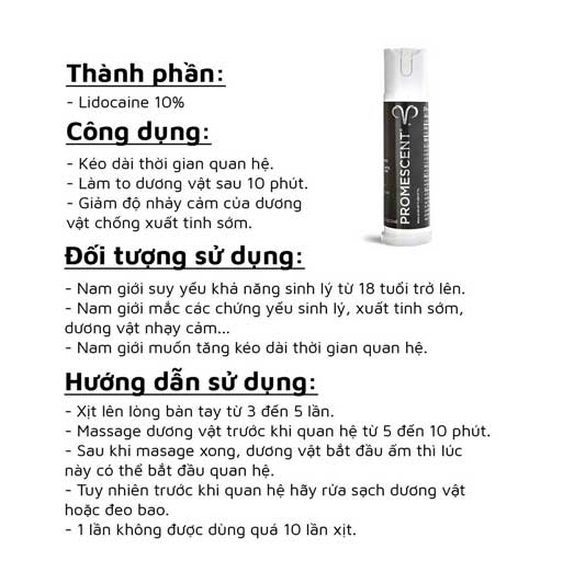 Chai xịt chống xuất tinh sớm Promescent giúp kéo dài thời gian