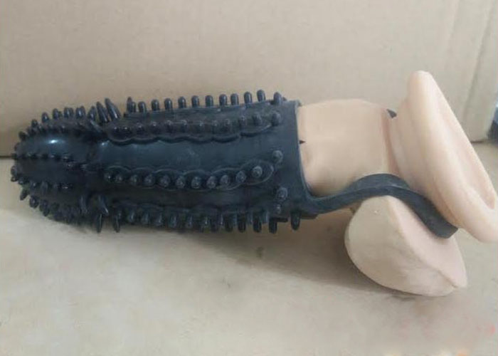 Black Ribbed Delay Ring with Vibrator Multi Speed TPE