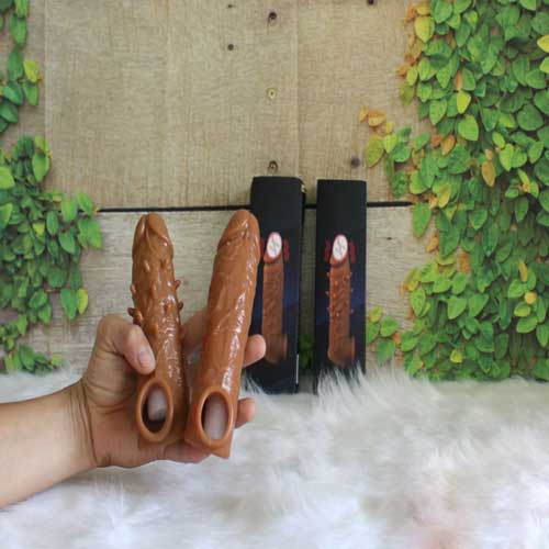 Brown Skin Penis Extender Ribbed Silicone Delay 13.8x3.7cm