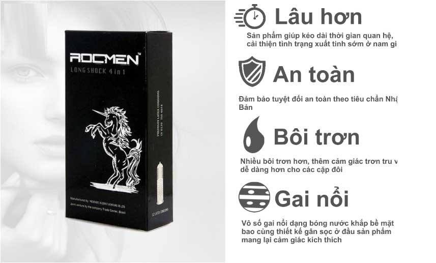 Bao cao su ROCMEN Long Shock 4in1 đen kéo dài siêu mỏng kích thích