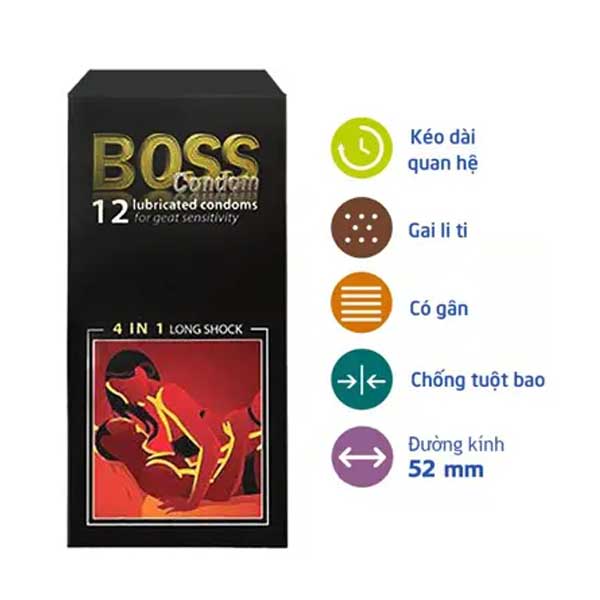 Bao cao su Boss 4in1 Gai gân 52mm Kéo dài cực đỉnh